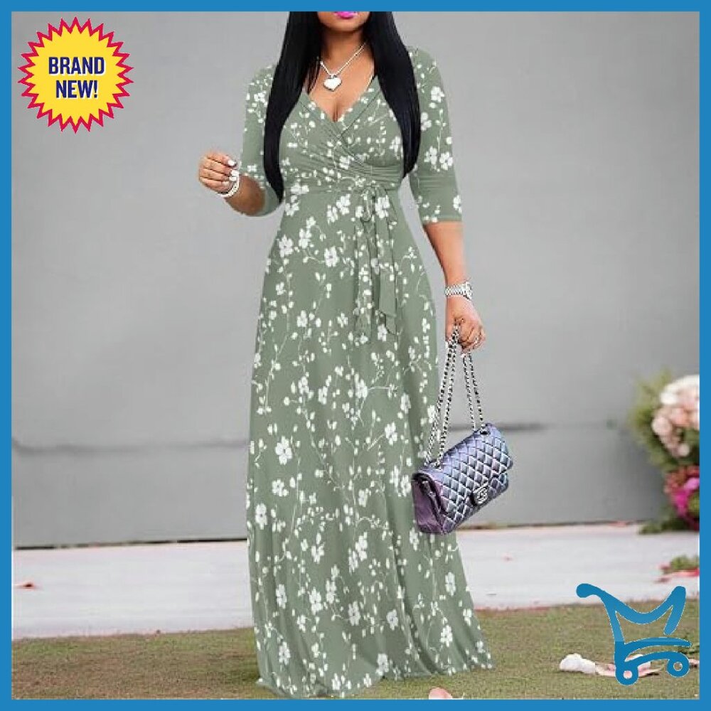 Plus Size Maxi Dress Flowy 3/4 Sleeve with Belt Polyester Stretchy - Picture 4 of 7